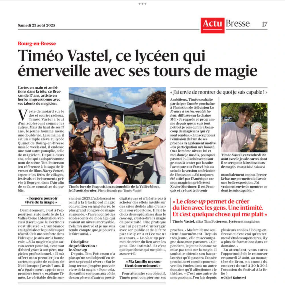 Article de presse — Tim Potterson, magicien professionnel dans l'Ain